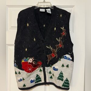 Women Vintage 90s Christmas Santa Reindeer Holiday Embroidered Beaded Vest Large